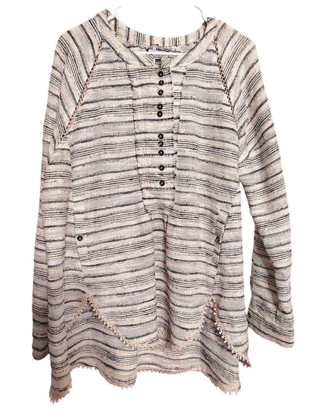 Free People Size Small Tunic Top Shirt, Cream Navy Blue Boho Chic Oversized